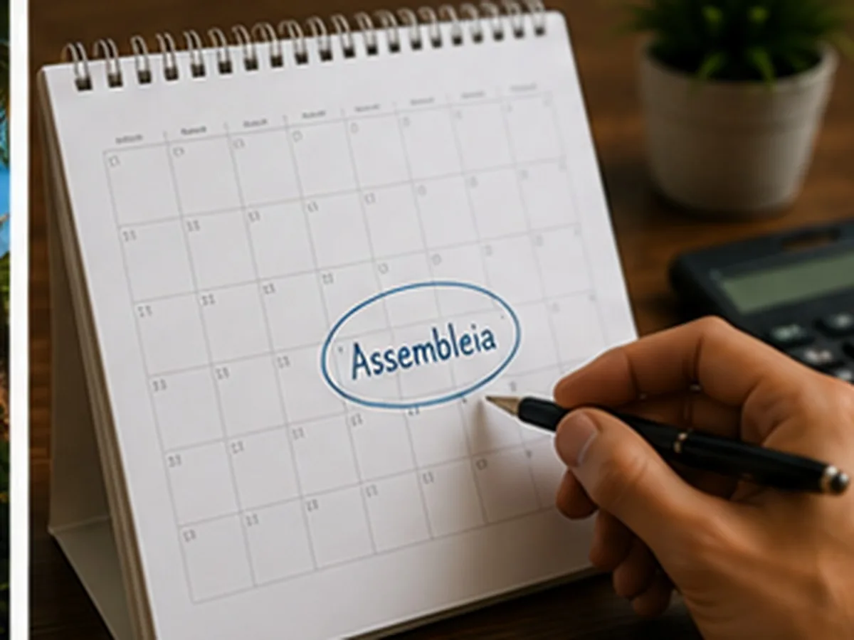 Mão com caneta circulando a palavra assembleia num calendário de mesa, com calculadora e planta ao fundo