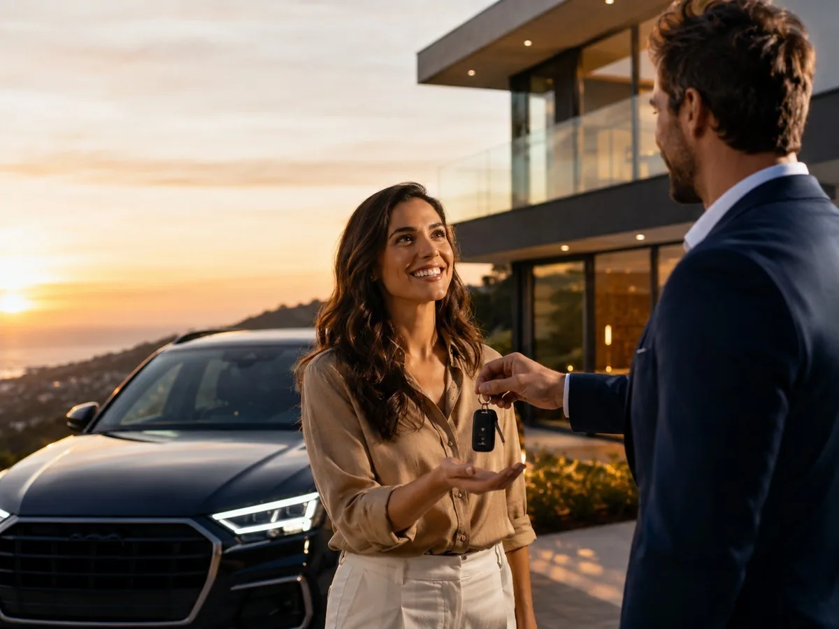 Mulher sorridente recebe a chave de um carro diante de uma casa moderna ao entardecer, bem livre depois de quitar o consórcio
