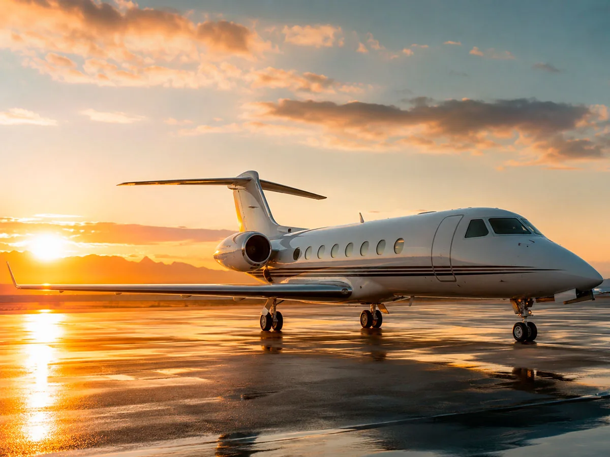 Jato executivo estacionado na pista ao pôr do sol: Consórcio de Aeronave, em Londrina no Paraná