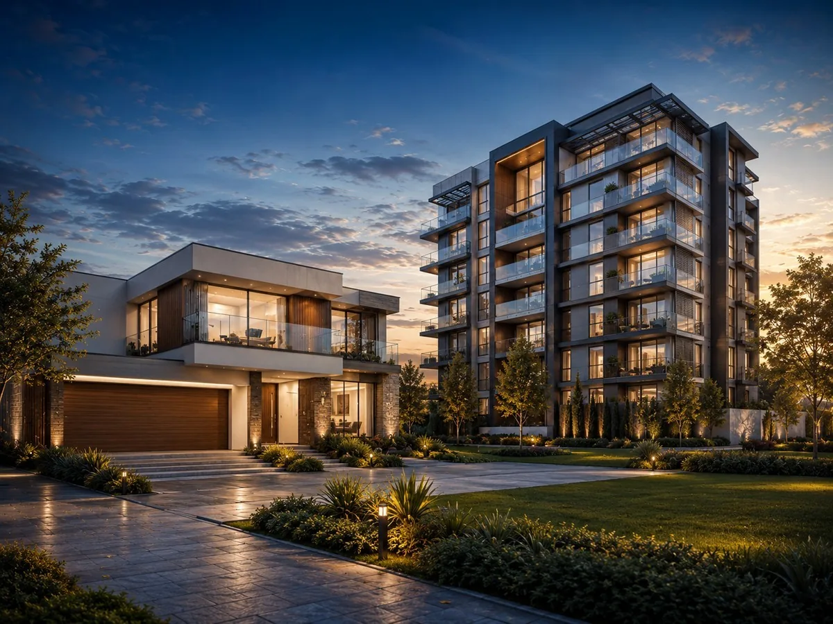 Casa moderna ao entardecer, comparação entre financiamento imobiliário e consórcio em Londrina