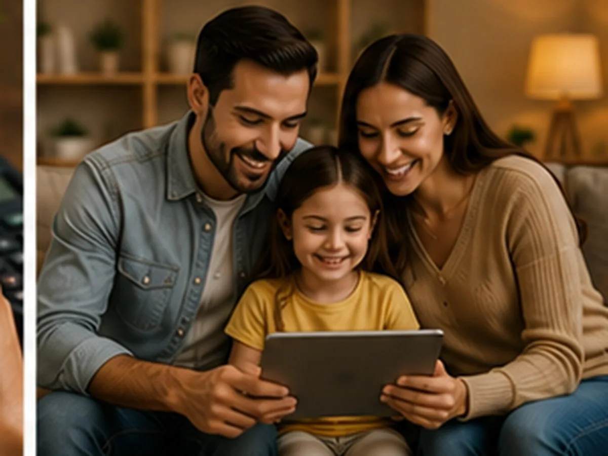 Pai, mãe e filha pequena sorrindo diante de um tablet, sentados juntos na sala de casa