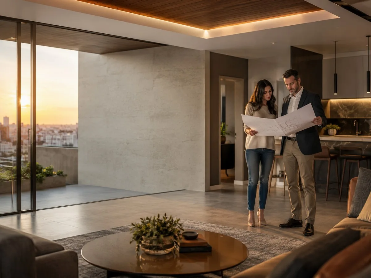 Casal e profissional analisando uma planta impressa na sala de um apartamento em obra de acabamento