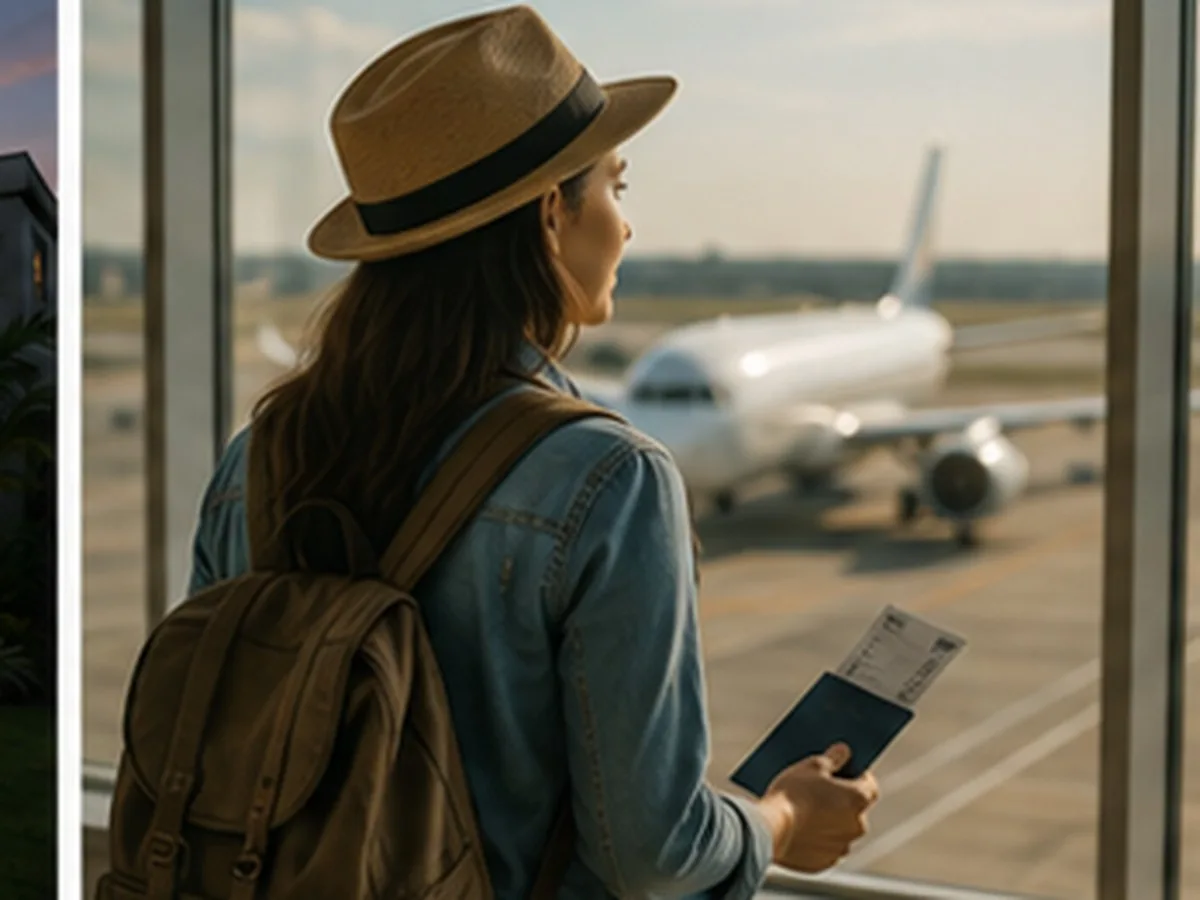 Mulher de chapéu e mochila segurando passaporte e cartão de embarque diante da janela de um aeroporto com avião na pista