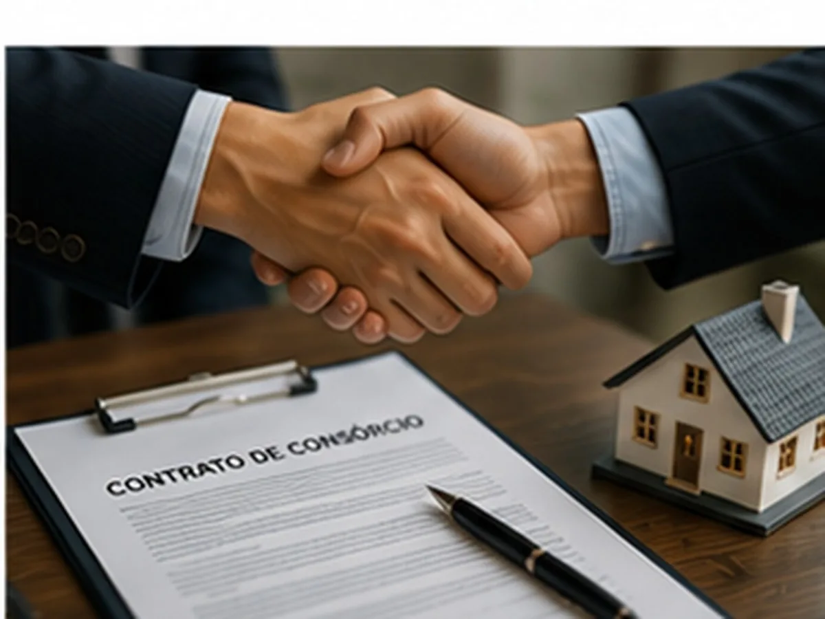 Aperto de mãos sobre uma prancheta com contrato de consórcio, caneta e miniatura de casa na mesa