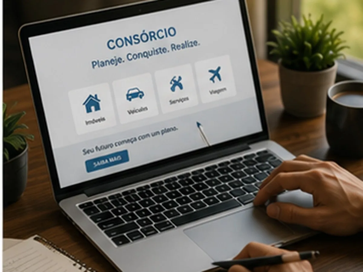 Mapa do site | Consórcios Londrina Tela de site de consórcio aberta num notebook sobre a mesa